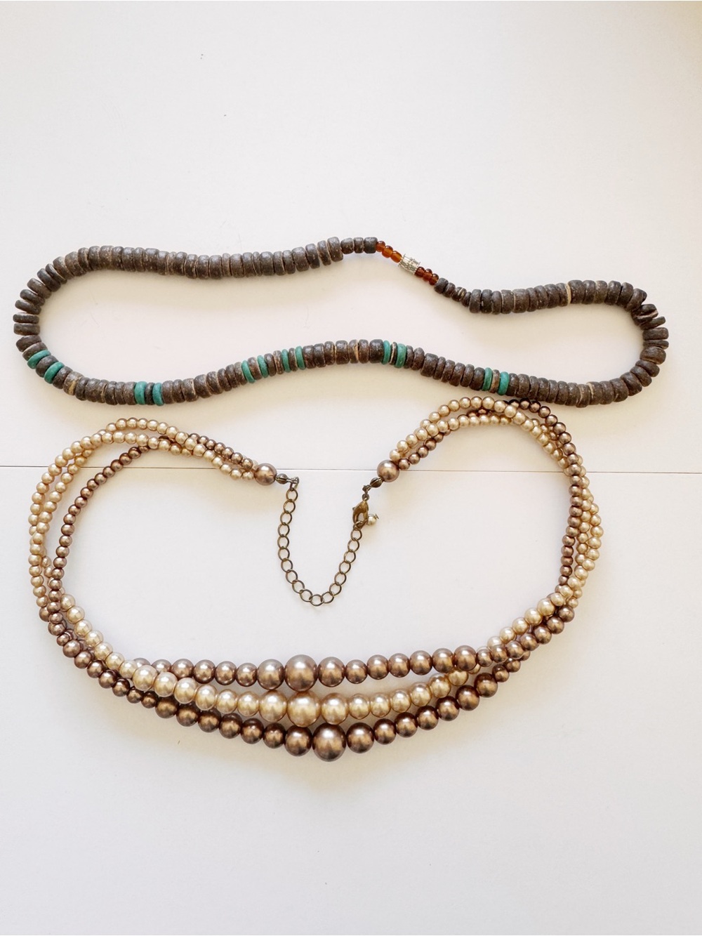 Layered Pearl-Style Bead Necklace Set in Brown and Turquoise - Unbranded
